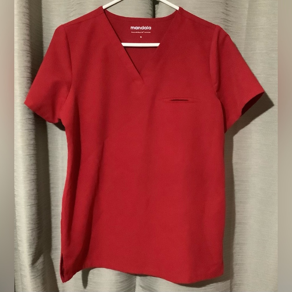 Mandala Scrub Women's Red V-Neck Top